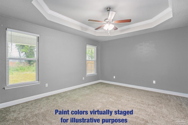 empty room featuring crown molding, a tray ceiling, ceiling fan, and carpet