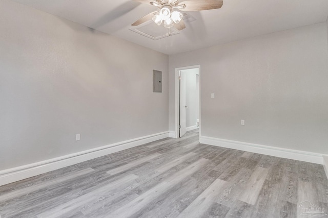 unfurnished room featuring electric panel, ceiling fan, and light wood-type flooring