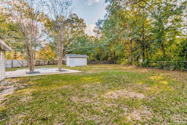 view of yard featuring a patio area and a storage shed