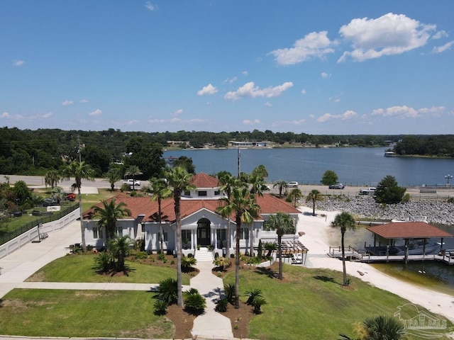 bird's eye view with a water view