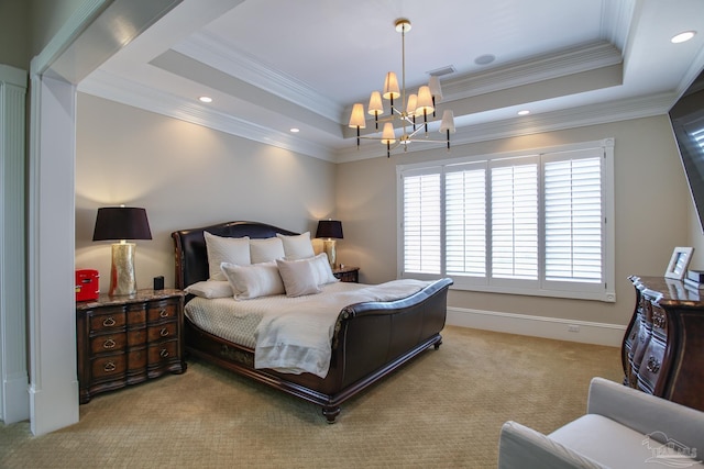 carpeted bedroom with an inviting chandelier, crown molding, and a tray ceiling