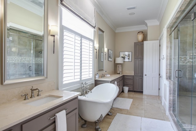 bathroom with independent shower and bath, tile patterned floors, crown molding, and double vanity