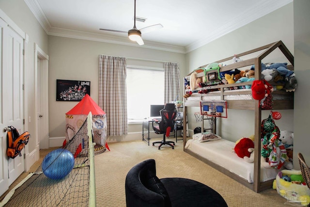 bedroom featuring crown molding, visible vents, baseboards, and carpet