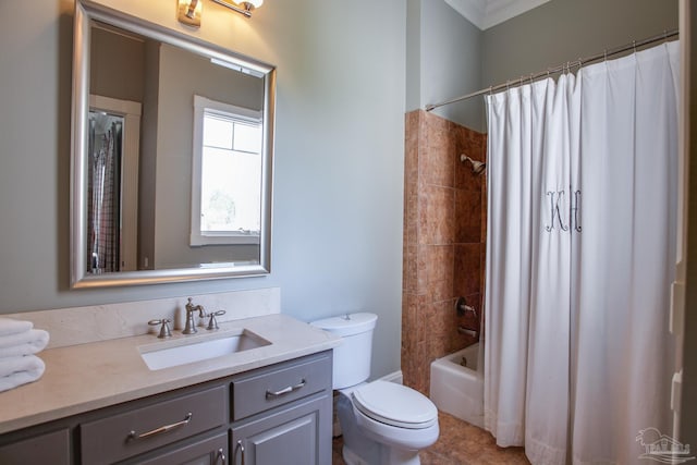 full bathroom with tile patterned flooring, toilet, vanity, shower / tub combo with curtain, and ornamental molding