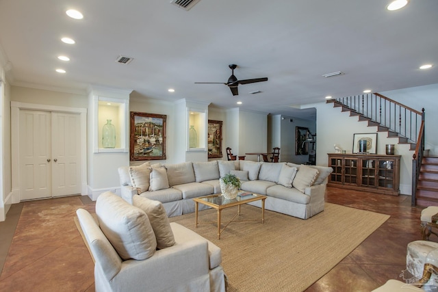 living area featuring crown molding, concrete floors, visible vents, recessed lighting, and stairs