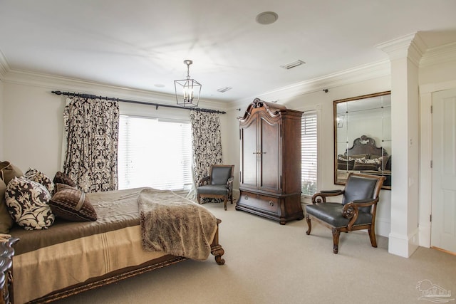 bedroom featuring crown molding, light colored carpet, and a chandelier