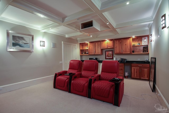 home theater room with coffered ceiling, light carpet, and baseboards