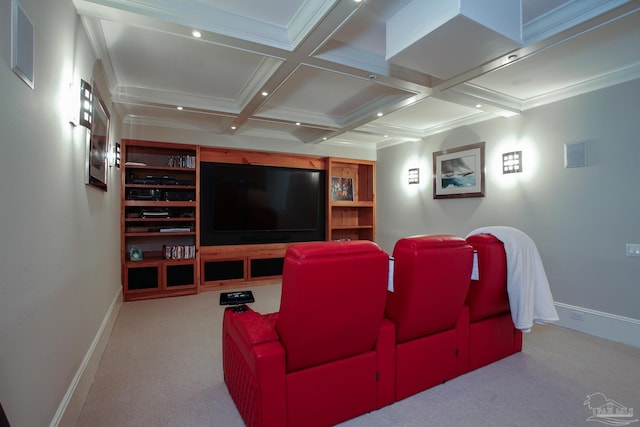 home theater featuring coffered ceiling, beamed ceiling, carpet flooring, and baseboards