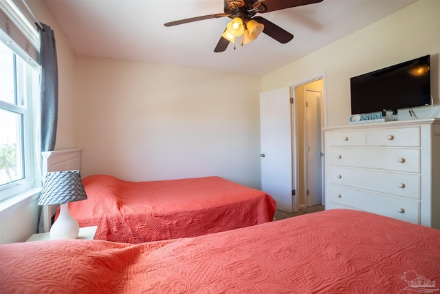 bedroom featuring multiple windows and ceiling fan