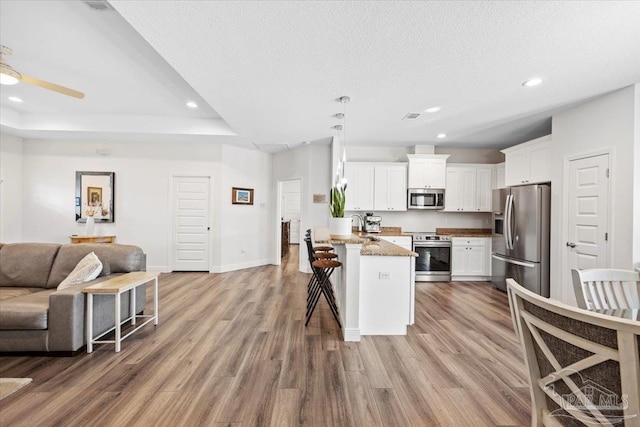5379 Longhorn Trl, Gulf Breeze, FL 32563 - kitchen featuring stainless steel appliances, open floor plan, light wood finished floors, a peninsula, and white cabinetry