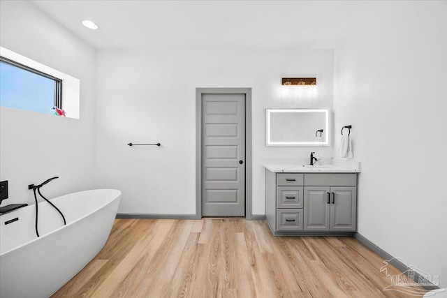 bathroom with baseboards, a freestanding bath, vanity, and wood finished floors