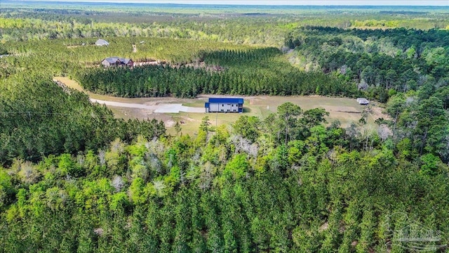 bird's eye view with a wooded view