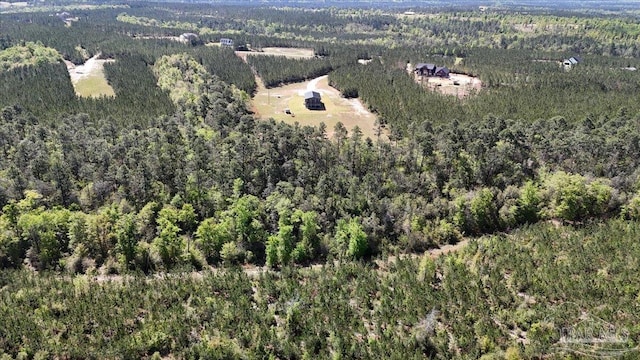 aerial view featuring a wooded view