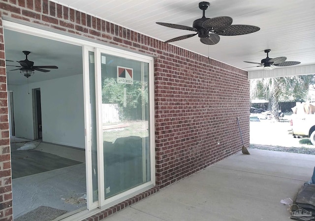 snow covered patio with ceiling fan