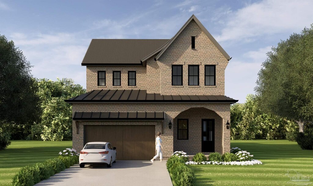 view of front of home with a standing seam roof, concrete driveway, an attached garage, brick siding, and a front lawn