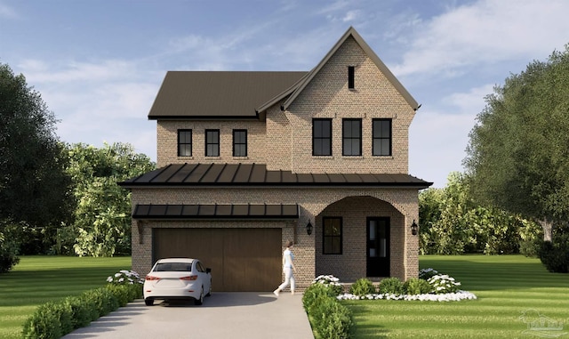 view of front of home with a standing seam roof, concrete driveway, an attached garage, brick siding, and a front lawn