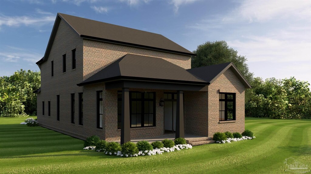 exterior space featuring covered porch, brick siding, and a lawn