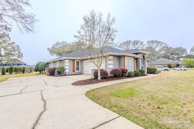 ranch-style home with a front lawn, a garage, driveway, and stucco siding