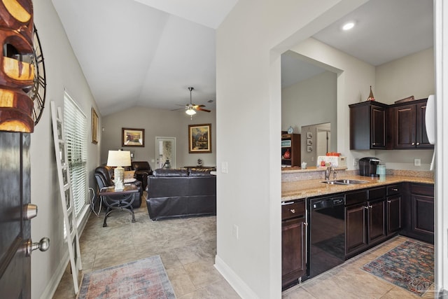 5798 Vendome Ct, Milton, FL 32583 - kitchen featuring black dishwasher, a sink, a ceiling fan, light stone countertops, and dark brown cabinetry