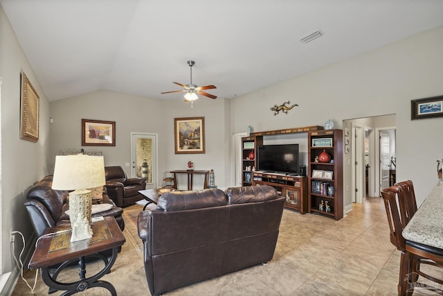 5798 Vendome Ct, Milton, FL 32583 - living room with visible vents, lofted ceiling, and a ceiling fan