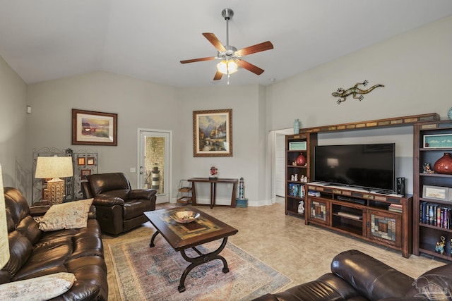 5798 Vendome Ct, Milton, FL 32583 - living area with tile patterned floors, lofted ceiling, baseboards, and a ceiling fan