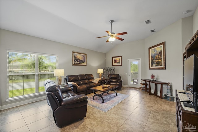 5798 Vendome Ct, Milton, FL 32583 - living room featuring visible vents, a ceiling fan, light tile patterned floors, and a healthy amount of sunlight