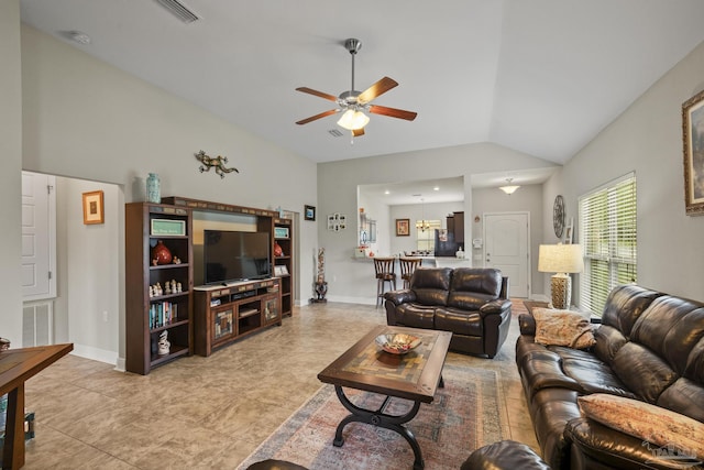 5798 Vendome Ct, Milton, FL 32583 - living room featuring baseboards, lofted ceiling, visible vents, and ceiling fan