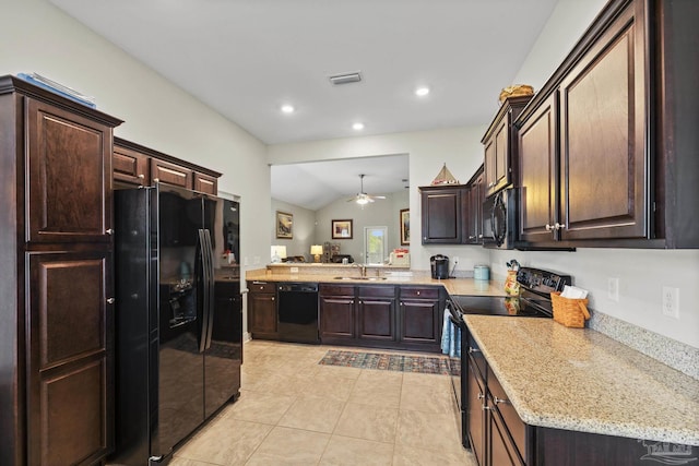 5798 Vendome Ct, Milton, FL 32583 - kitchen with visible vents, ceiling fan, black appliances, and dark brown cabinets