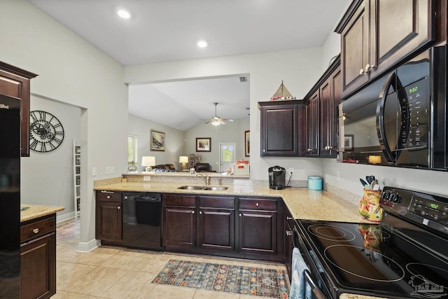 5798 Vendome Ct, Milton, FL 32583 - kitchen featuring a sink, a ceiling fan, light stone countertops, dark brown cabinets, and black appliances
