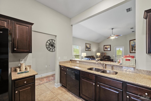 5798 Vendome Ct, Milton, FL 32583 - kitchen with visible vents, ceiling fan, dark brown cabinetry, a sink, and black appliances