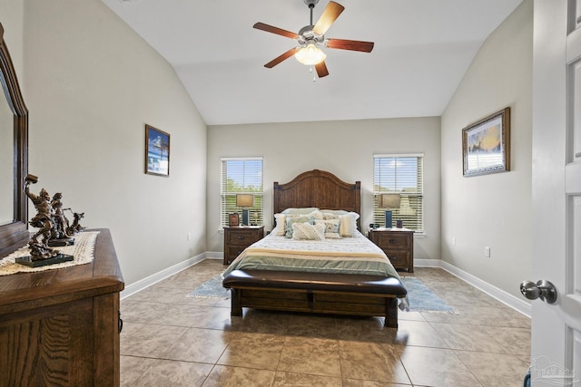 5798 Vendome Ct, Milton, FL 32583 - bedroom featuring baseboards, vaulted ceiling, ceiling fan, and light tile patterned floors