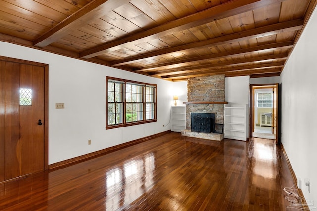 unfurnished living room with dark hardwood / wood-style floors, a fireplace, beam ceiling, and wooden ceiling