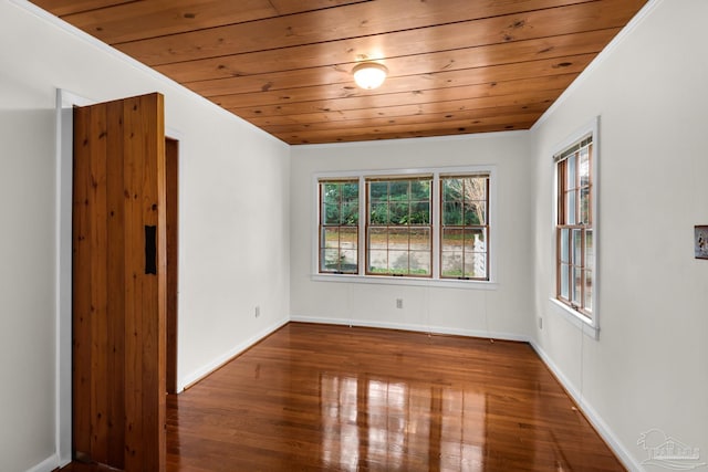 spare room with hardwood / wood-style flooring, ornamental molding, and wood ceiling