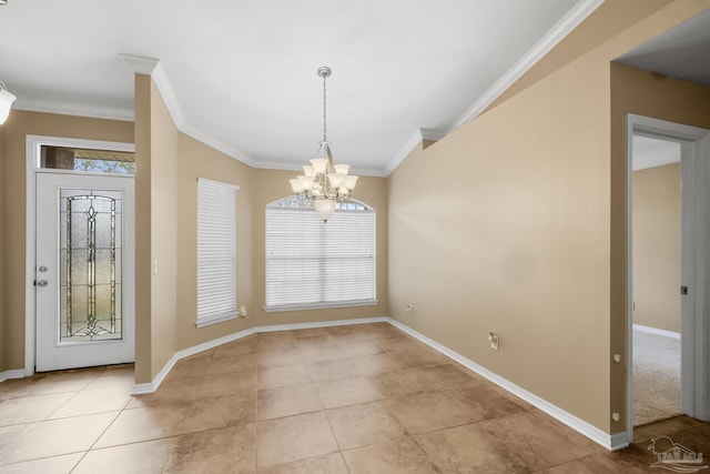 interior space with ornamental molding, light tile patterned floors, and an inviting chandelier