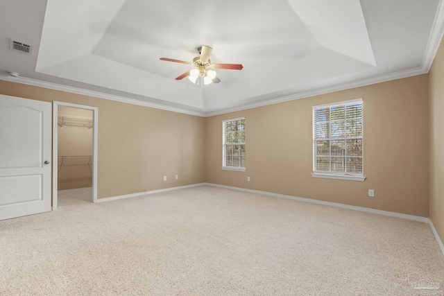 spare room featuring ornamental molding, plenty of natural light, and a tray ceiling