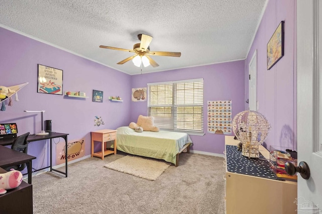 bedroom featuring crown molding, light carpet, and a textured ceiling