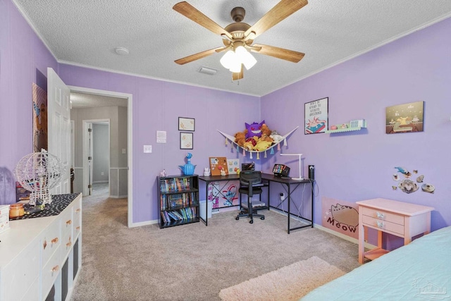 bedroom featuring ornamental molding, light colored carpet, and a textured ceiling