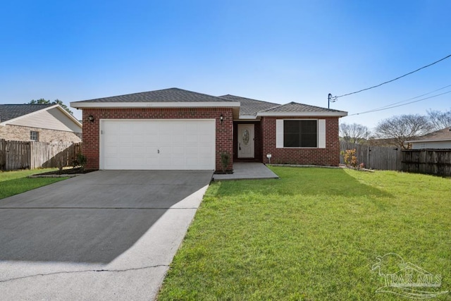 ranch-style home featuring a garage, fence, a front lawn, and concrete driveway