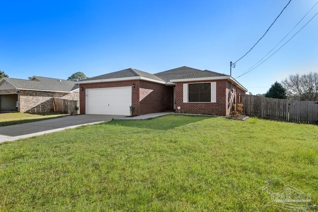 ranch-style house featuring a front lawn, brick siding, driveway, and an attached garage