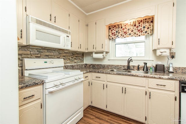 kitchen with white appliances, crown molding, sink, dark hardwood / wood-style flooring, and white cabinetry