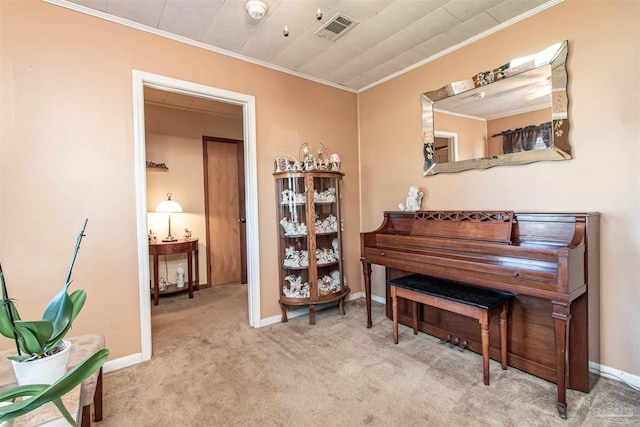 miscellaneous room featuring light colored carpet and crown molding