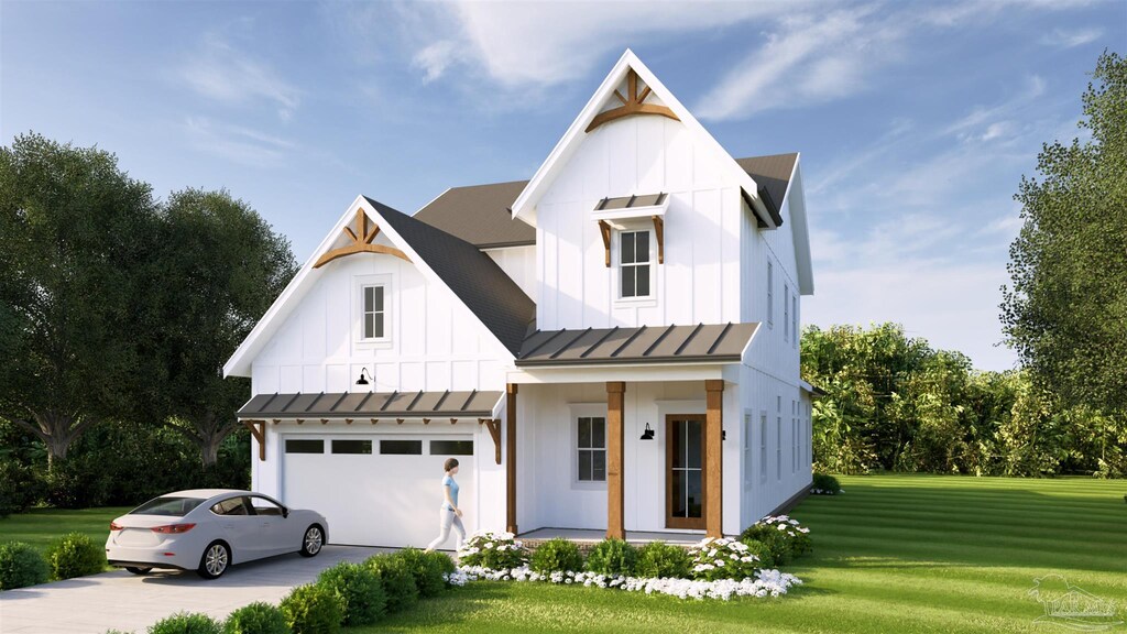 modern farmhouse style home featuring a standing seam roof, metal roof, board and batten siding, a front lawn, and a garage