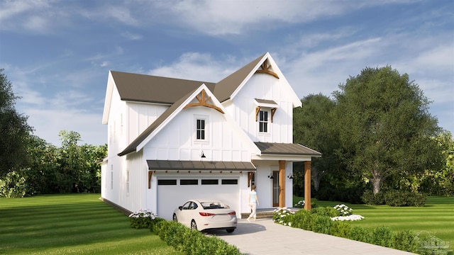 modern farmhouse style home with metal roof, an attached garage, concrete driveway, a front lawn, and board and batten siding