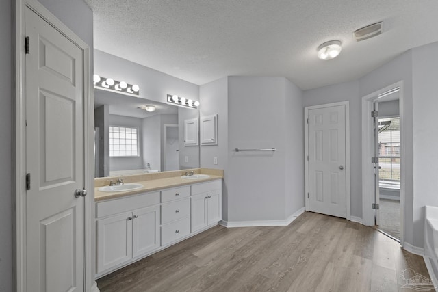 full bathroom featuring a tub, double vanity, a sink, and wood finished floors