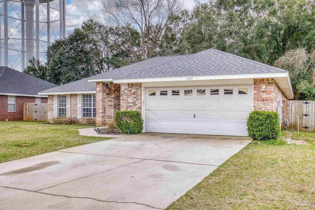 ranch-style house with brick siding, roof with shingles, an attached garage, fence, and a front yard