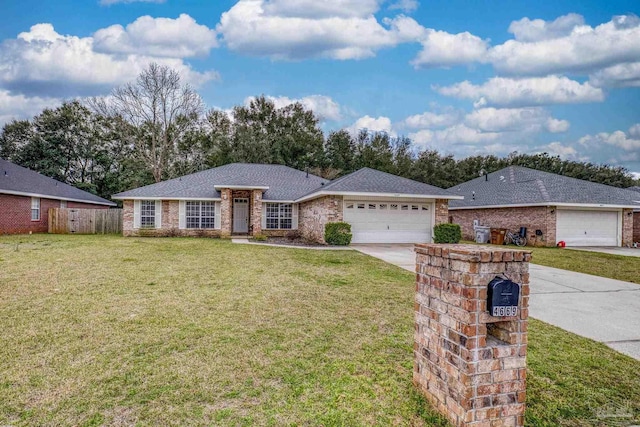 ranch-style house with roof with shingles, a front yard, fence, a garage, and driveway