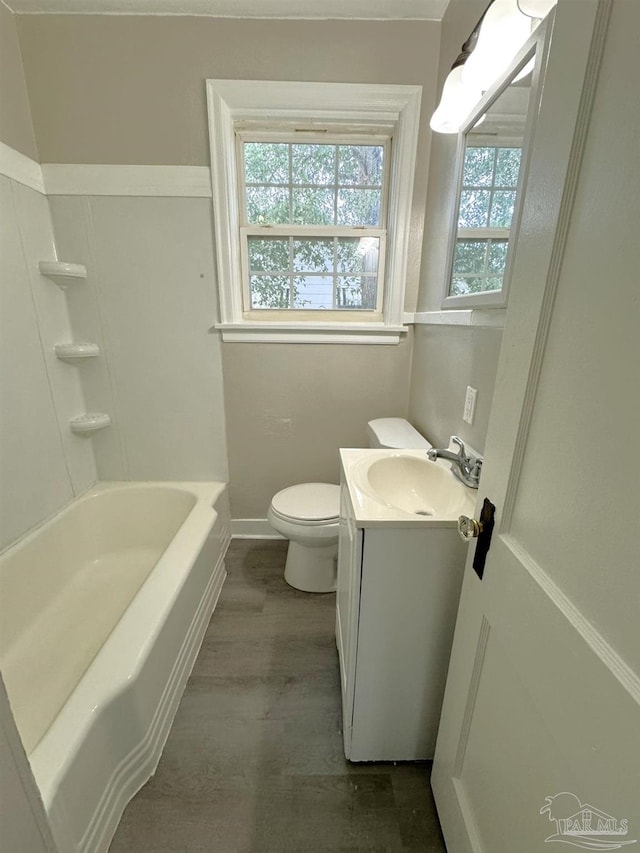 bathroom featuring hardwood / wood-style flooring, vanity, and toilet