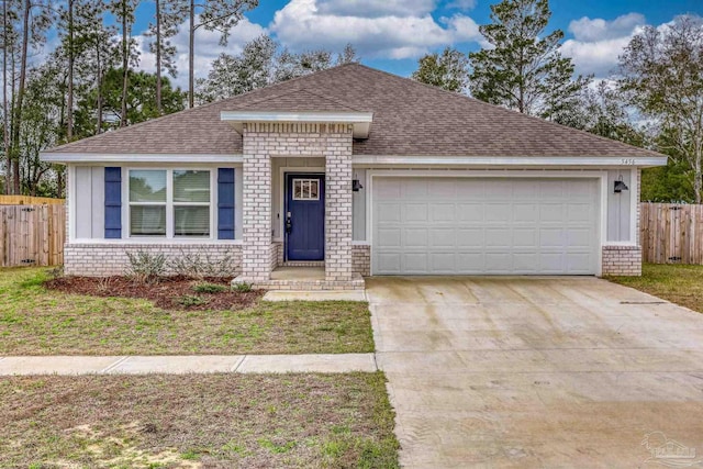 single story home featuring a garage, a shingled roof, fence, and brick siding