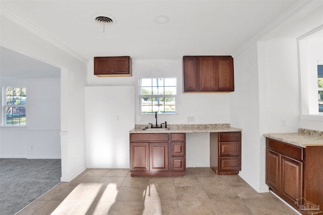 kitchen with crown molding, sink, and light carpet