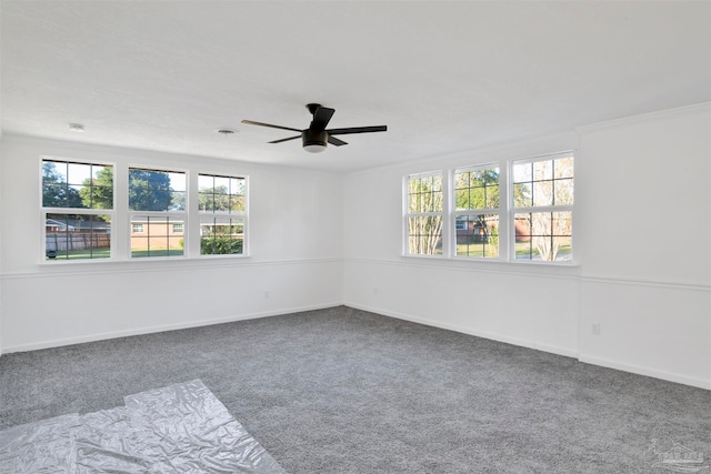 carpeted spare room with ceiling fan